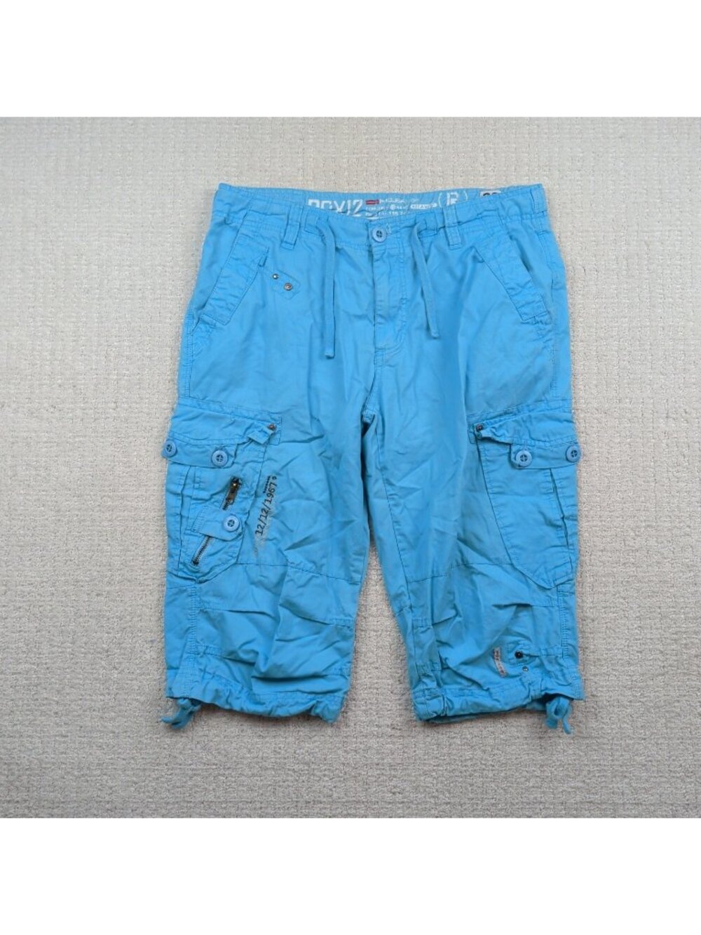 Y2K Projek Raw Cargo Shorts Mens 33 Blue Long Line Utility Multi-Pocket Grunge